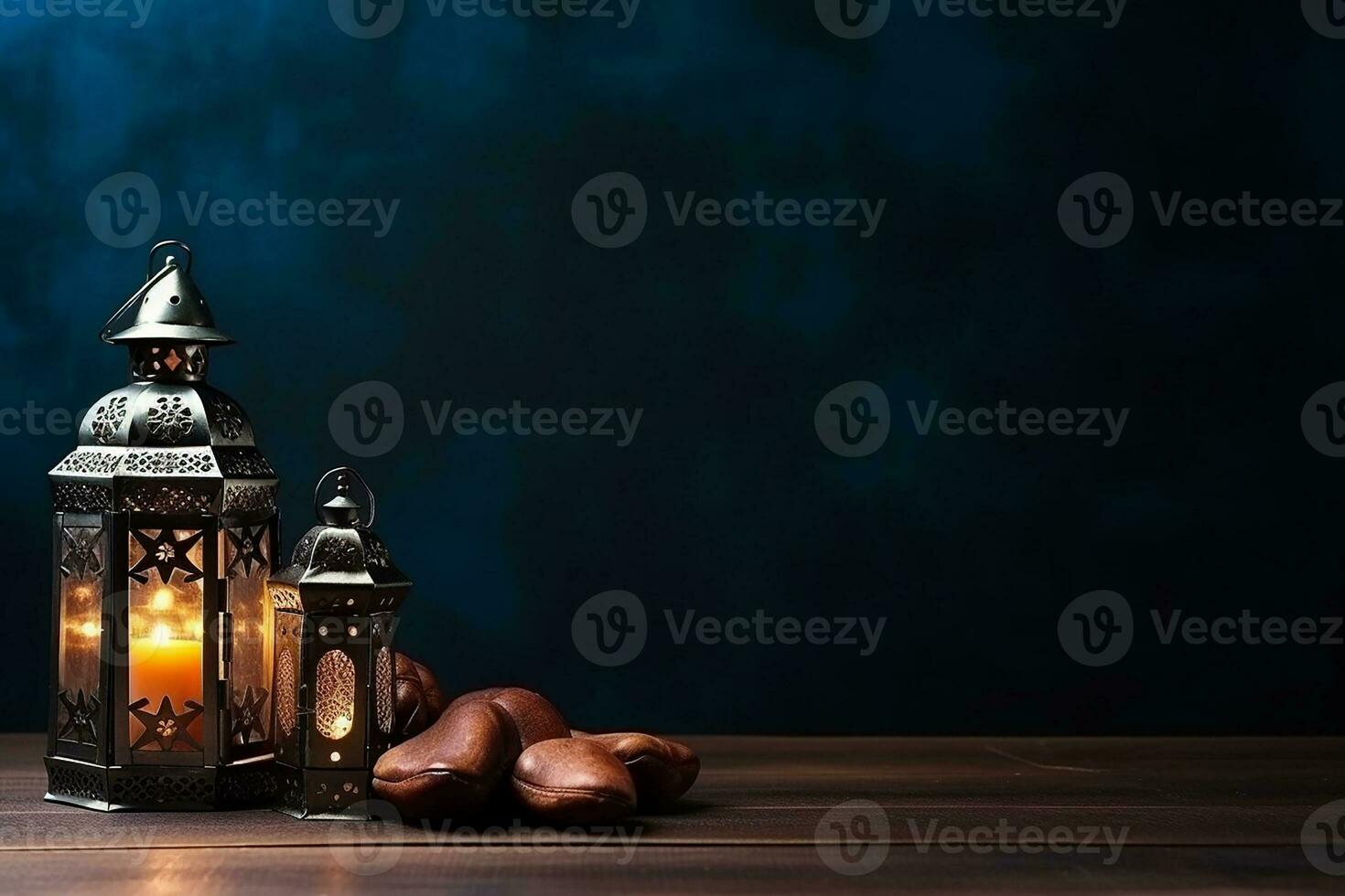 ai generato ornamentale Arabo lanterna raggiante su tavolo per musulmano santo mese Ramadan kareem foto