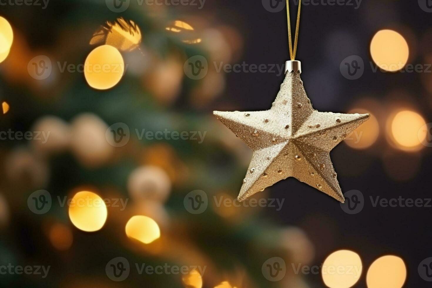 ai generato un' vicino su di un' Natale albero con stella palline sospeso a partire dal è rami e un' sfocato sfondo foto