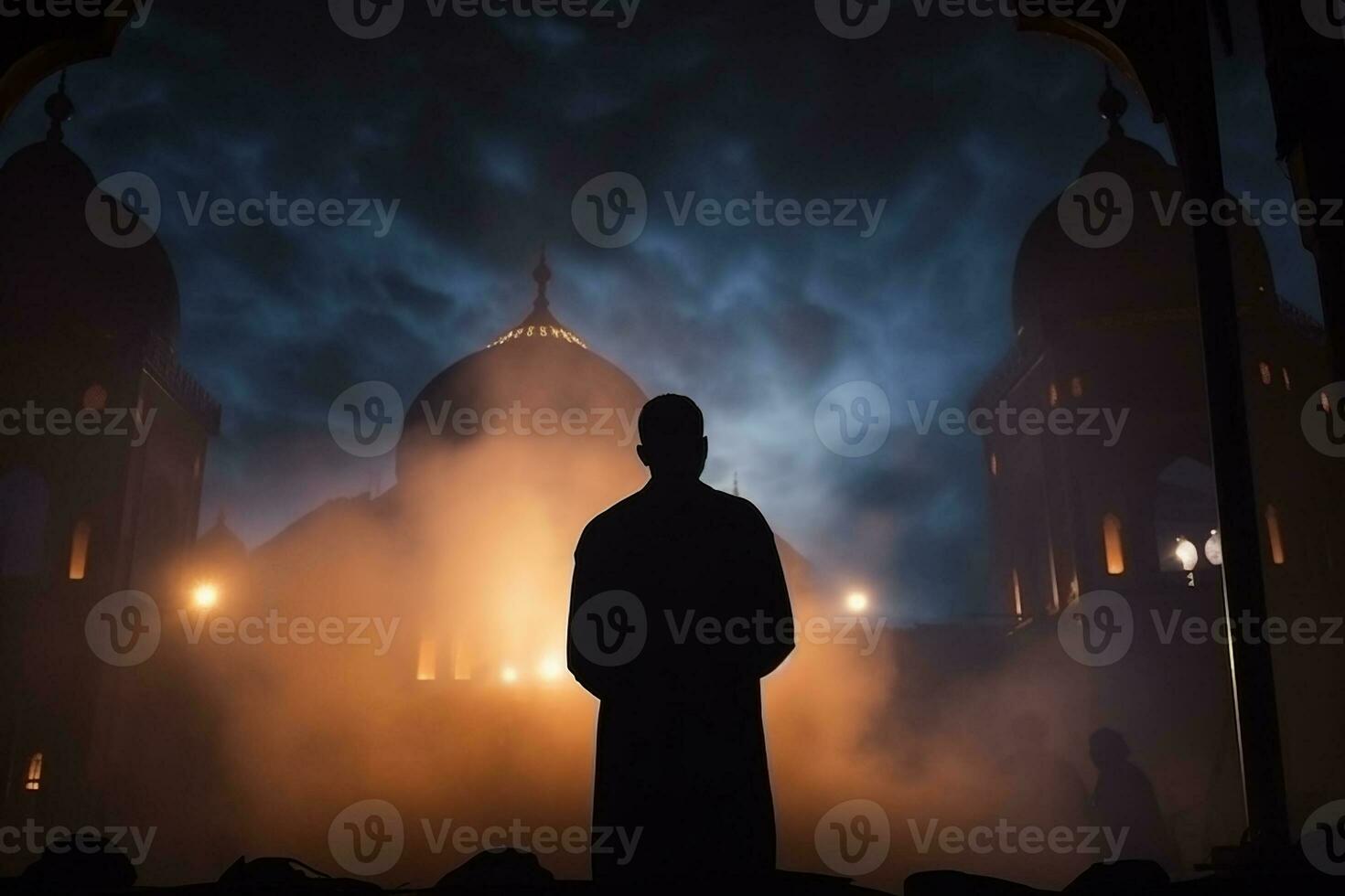 ai generato silhouette musulmano uomo preghiere n il moschea foto