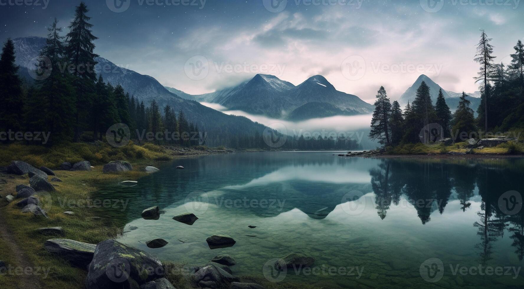 ai generato lago nel il montagne, lago con foresta, panoramico Visualizza di il lago foto