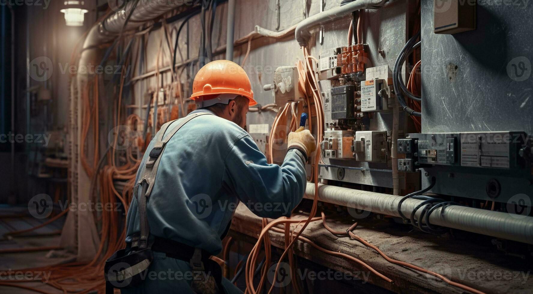 ai generato elettricista Lavorando nel un' fabbrica, lavoratore con casco, elettrico lavoratore nel azione foto