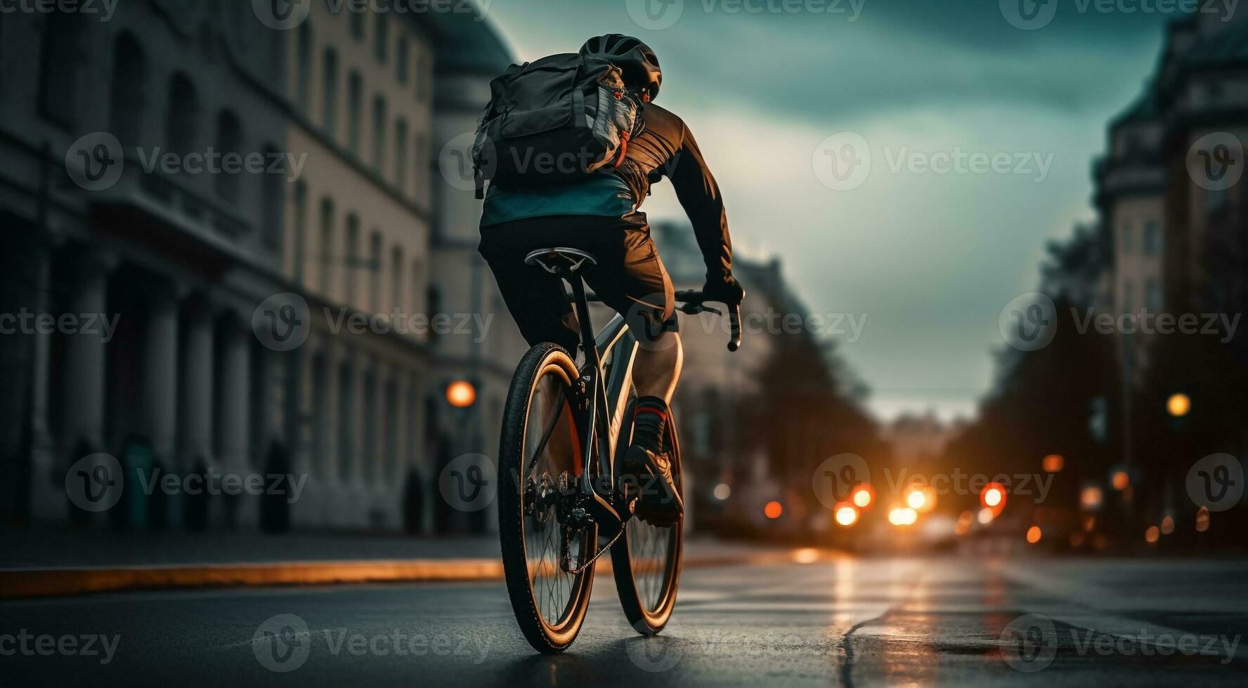 ai generato ciclista con casco equitazione un' bicicletta nel il città, vicino su di ciclista foto