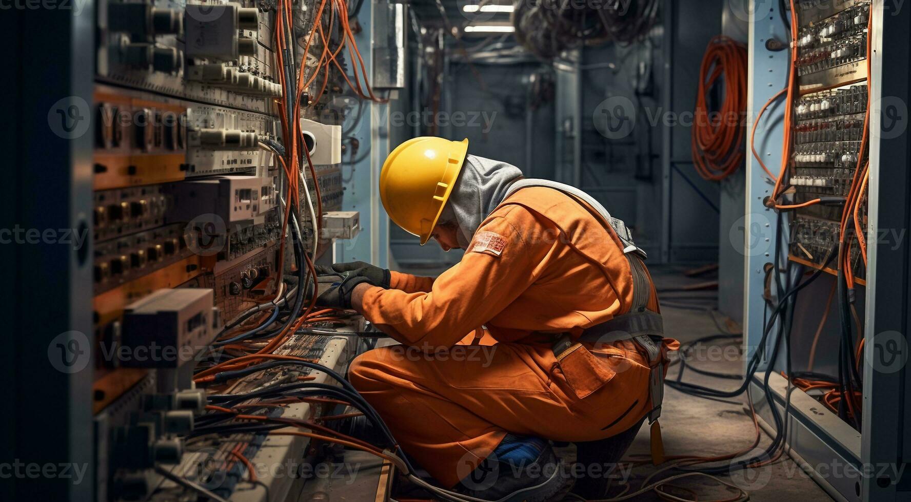 ai generato elettricista Lavorando nel un' fabbrica, lavoratore con casco, elettrico lavoratore nel azione foto