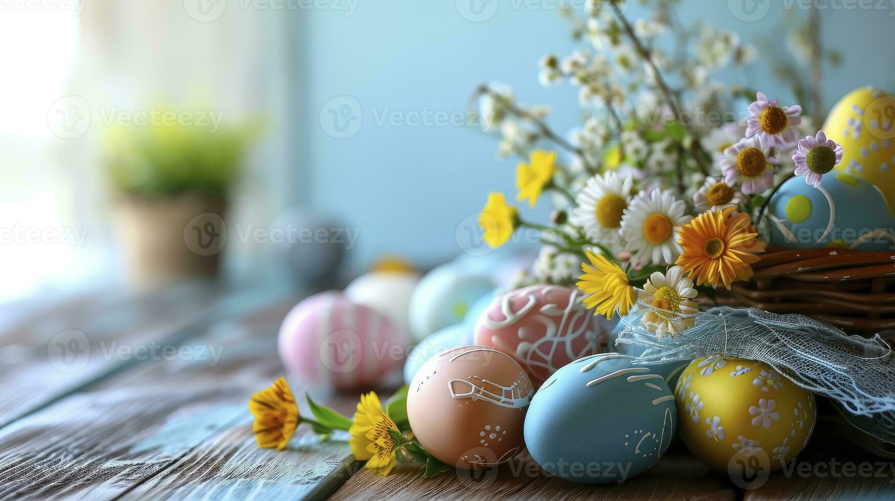 ai generato Pasqua uova con fiori su tavolo foto