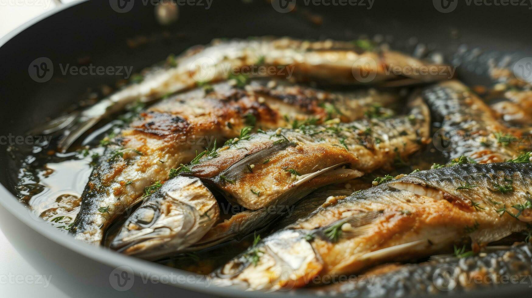 ai generato vicino su di sardina carne nel un' padella isolato su un' chiaro bianca sfondo. foto