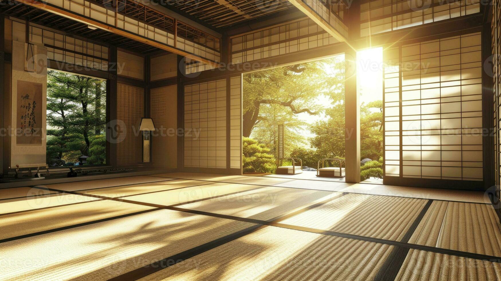 ai generato tradizionale giapponese vuoto camera interno con tatami stuoie e sole luce. foto