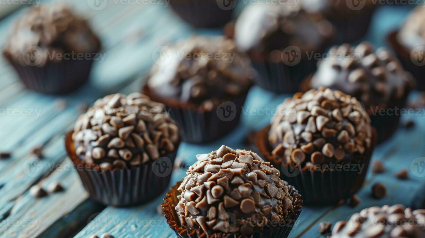 ai generato Brigadeiro nel carta le forme su blu di legno sfondo, vicino su foto