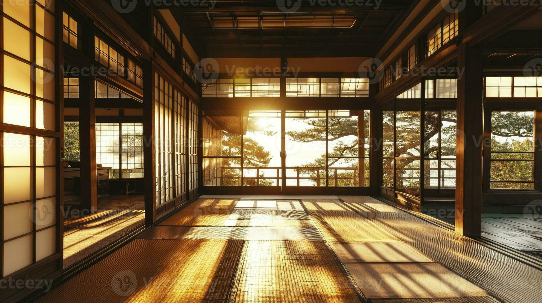 ai generato tradizionale giapponese vuoto camera interno con tatami stuoie e sole luce. foto