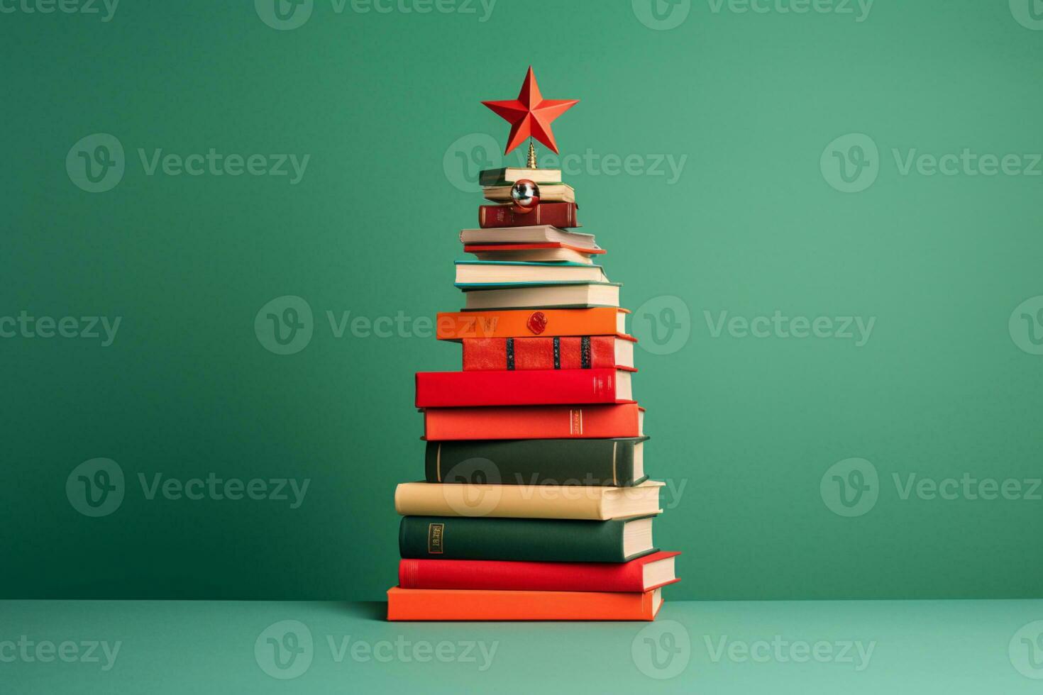 ai generato Natale albero fatto di libri su verde sfondo foto