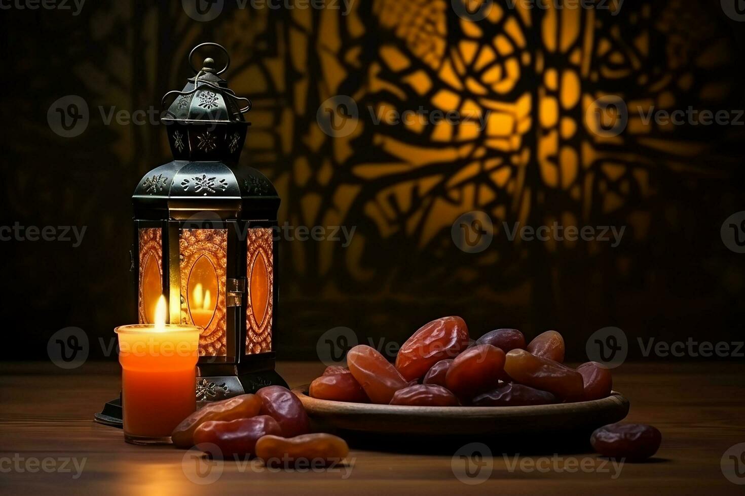 ai generato ornamentale Arabo lanterna raggiante per musulmano santo mese Ramadan kareem foto