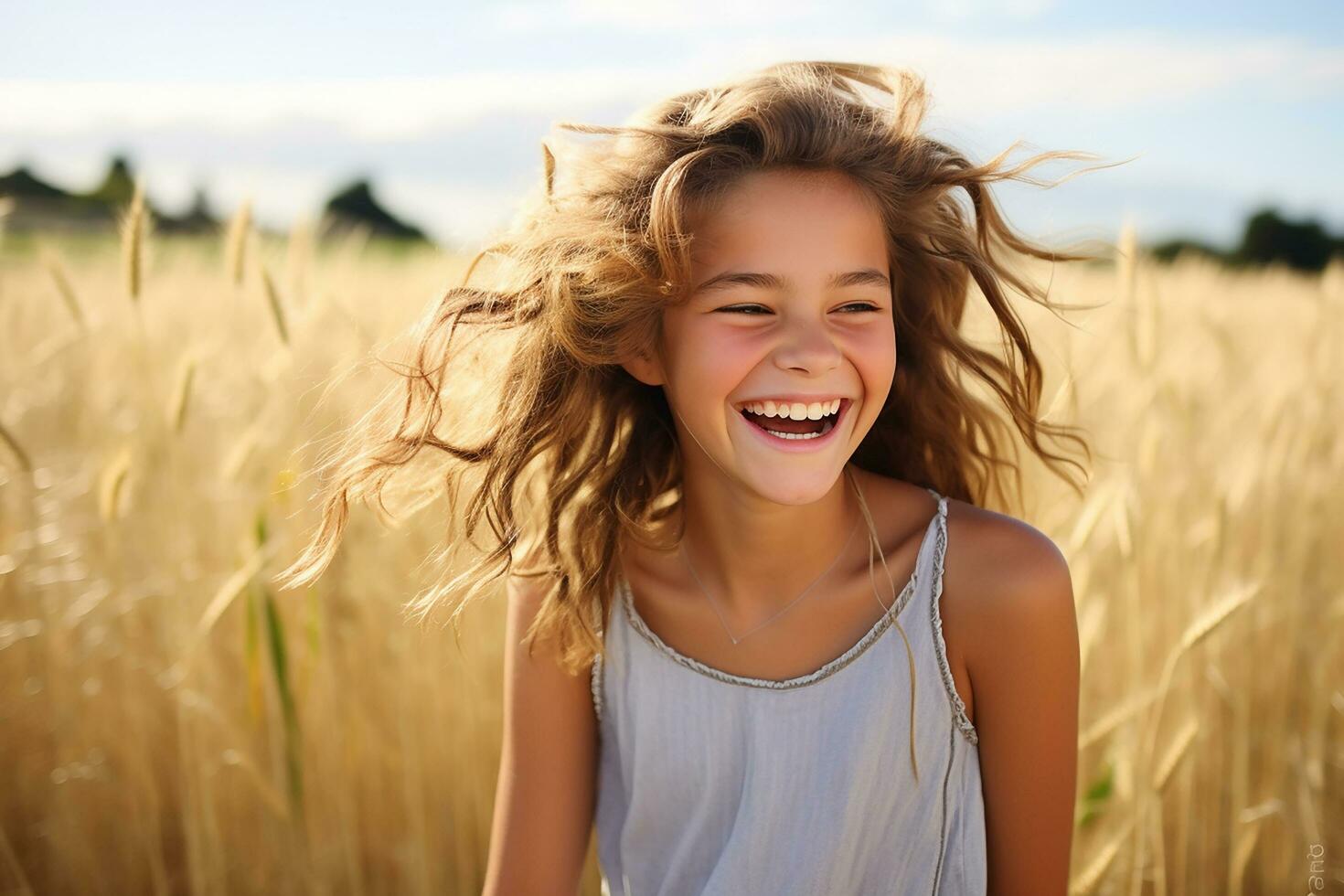 ai generato giovane bellissimo ragazza con lungo biondo capelli su un' Grano campo nel il presto mattina a Alba foto