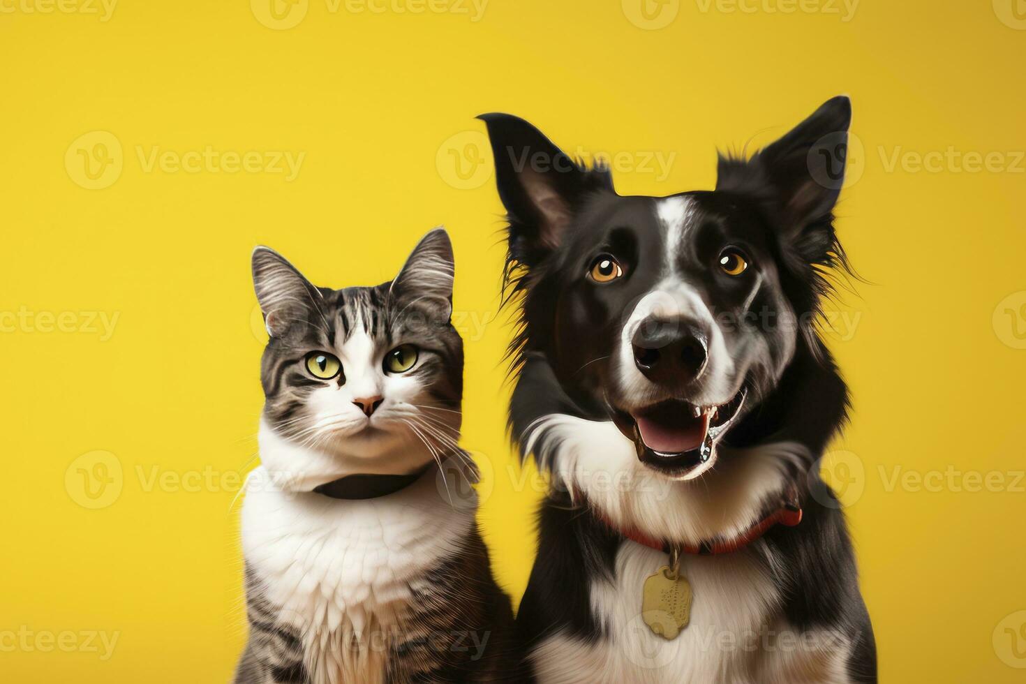 ai generato gatto e cane insieme con contento espressioni su giallo sfondo. ai generato foto