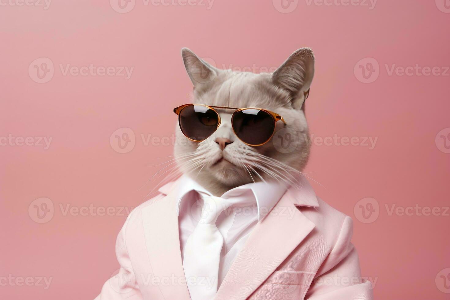 ai generato un' gatto è indossare occhiali da sole e completo da uomo su rosa sfondo. ai generato foto