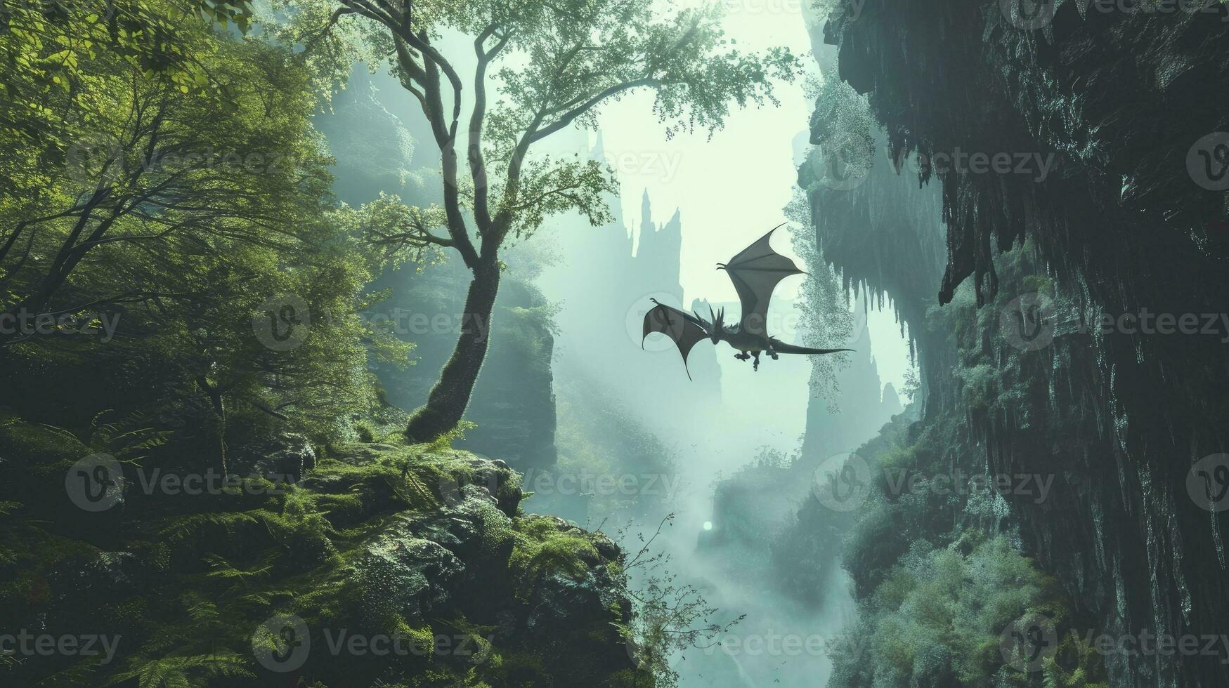 ai generato Drago volante su su di caverna nel nebbioso fantasia foresta. foto