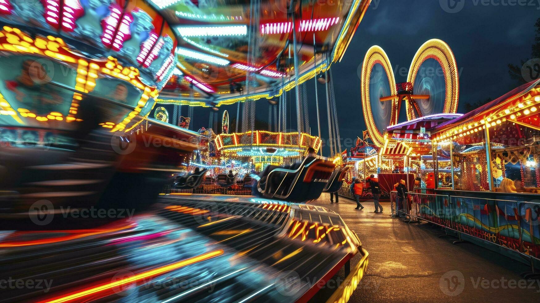 ai generato luna park e carnevale cavalcate e attrazioni raggiante a notte. foto