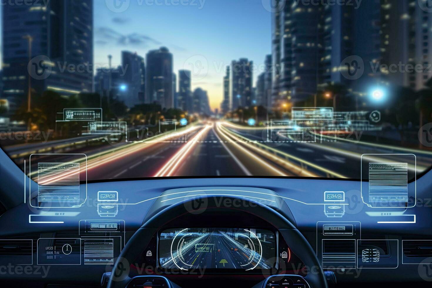 ai generato moderno inteligente auto tecnologia intelligente sistema utilizzando teste su Schermo hud autonomo se stesso guida modalità veicolo su città strada con grafico sensore radar segnale sistema intelligente macchina. foto