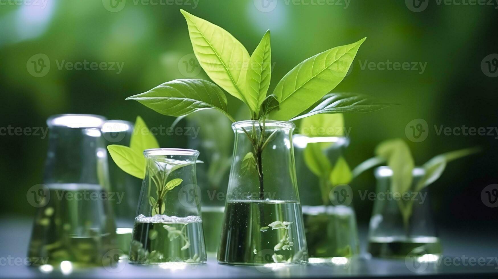 ai generato biotecnologia concetto con verde pianta foglie, laboratorio cristalleria, e conduzione ricerca, illustrare il potente combinazione di natura e scienza nel medico avanzamenti. foto