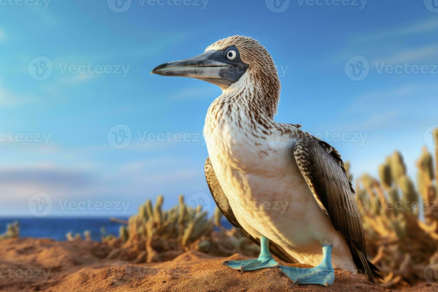 ai generato il raro dai piedi azzurri tonto riposa su il spiaggia. ai generato foto