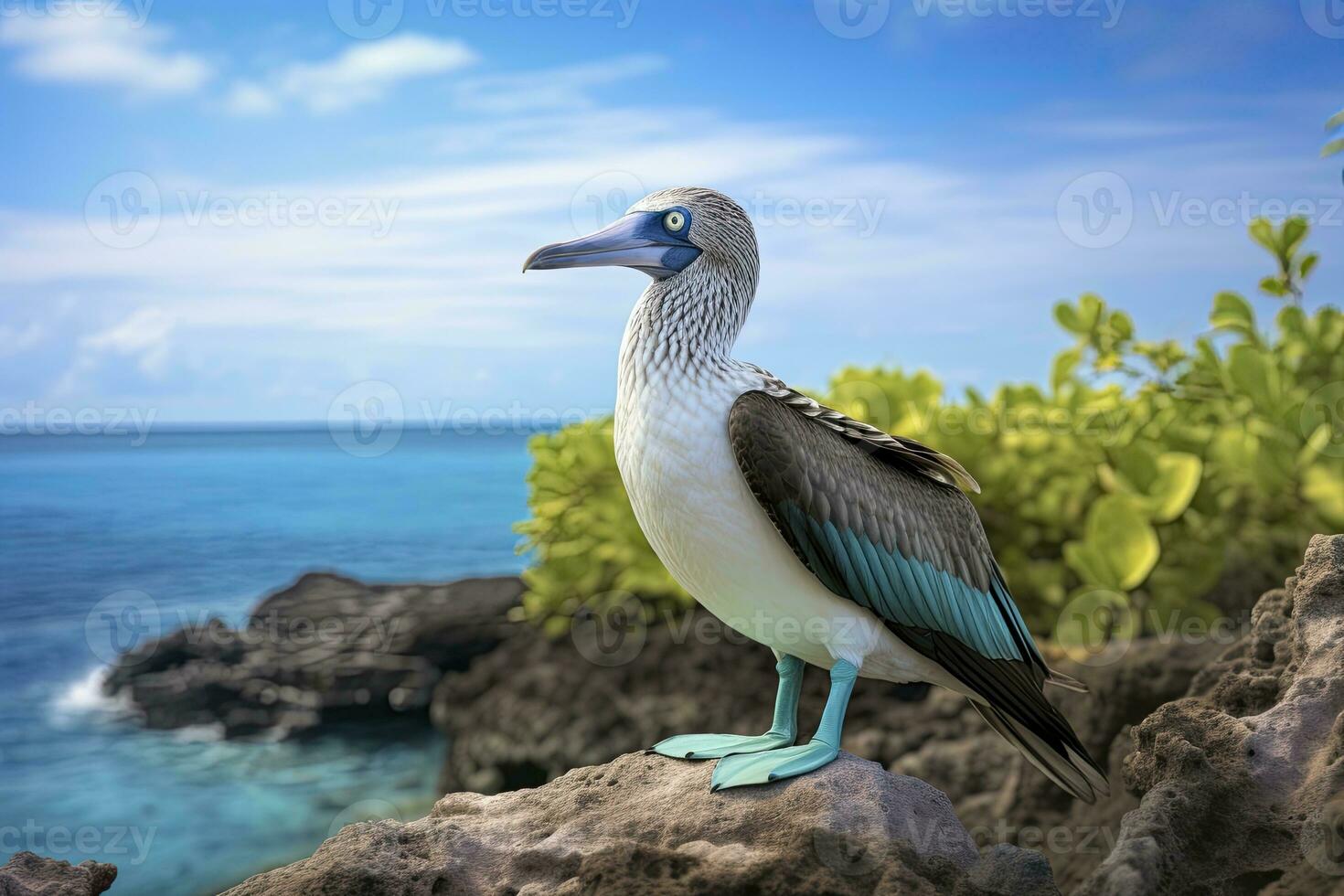 ai generato il raro dai piedi azzurri tonto riposa su il spiaggia. ai generato foto