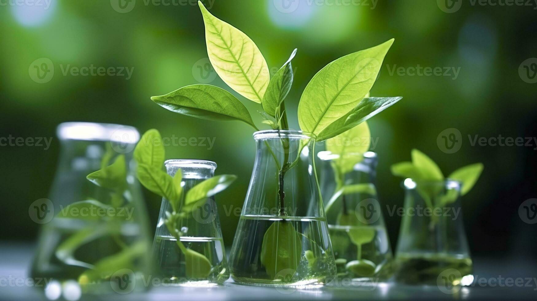 ai generato biotecnologia concetto con verde pianta foglie, laboratorio cristalleria, e conduzione ricerca, illustrare il potente combinazione di natura e scienza nel medico avanzamenti. foto