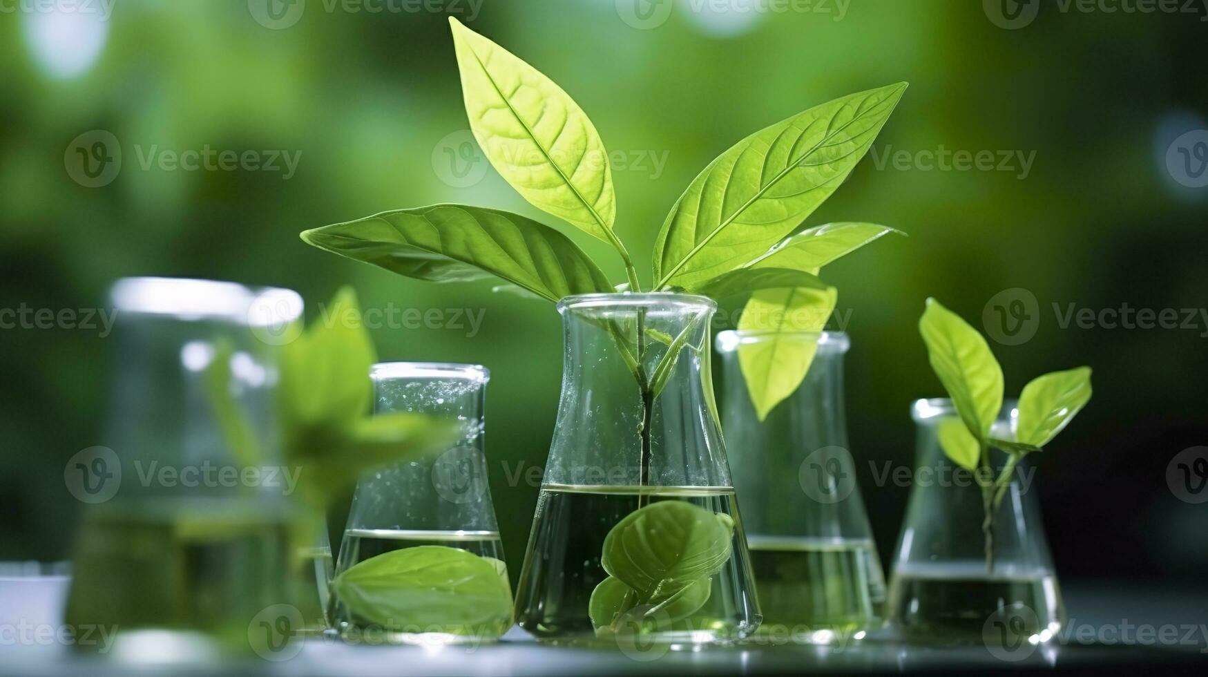 ai generato biotecnologia concetto con verde pianta foglie, laboratorio cristalleria, e conduzione ricerca, illustrare il potente combinazione di natura e scienza nel medico avanzamenti. foto