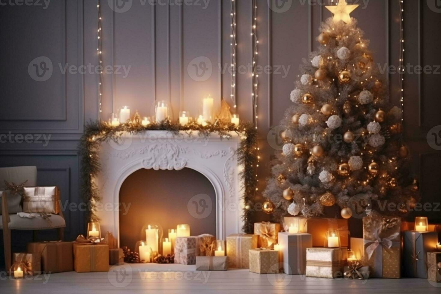 ai generato Visualizza di meravigliosamente decorato Natale albero nel casa foto