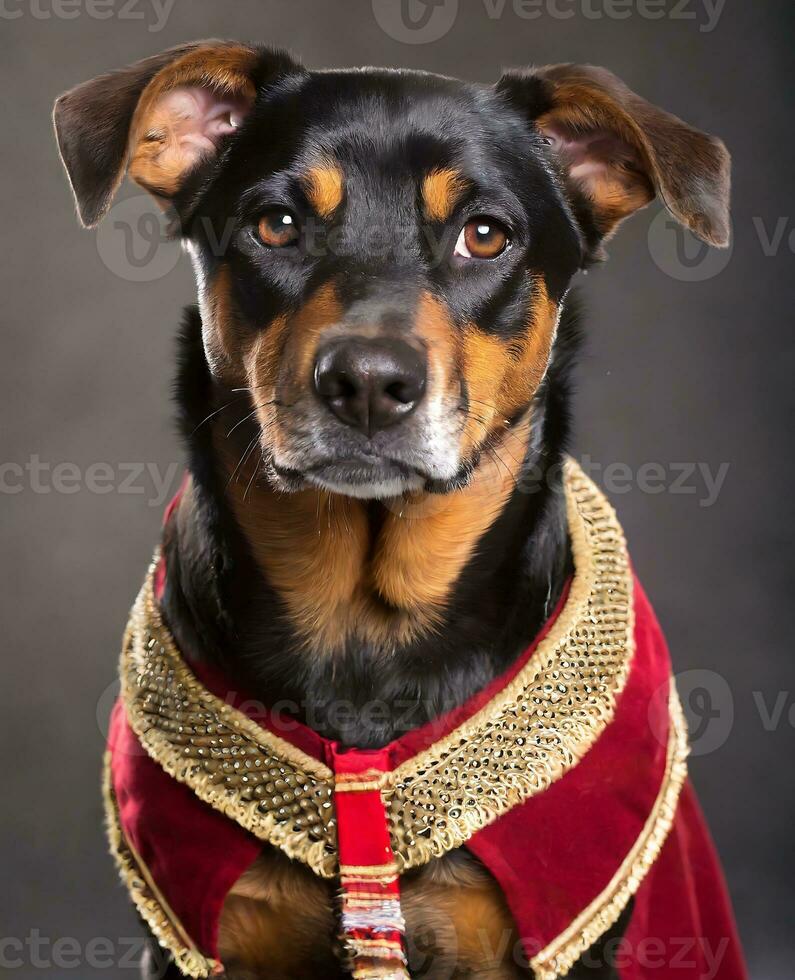 ai generato un' cane indossare un' rosso e oro costume foto