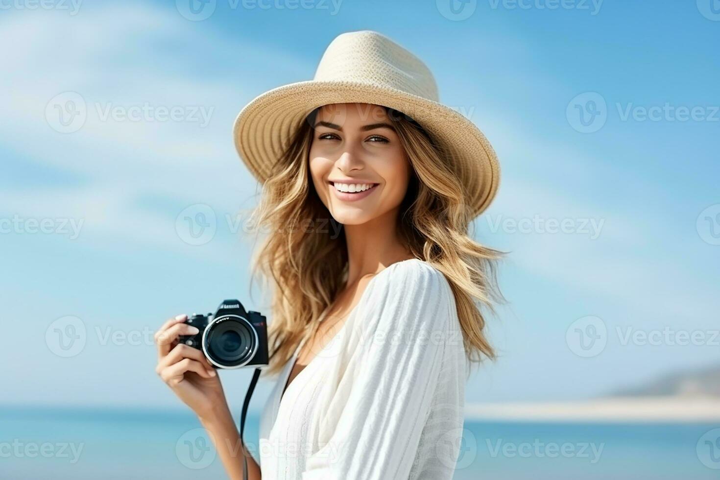 ai generato ritratto di un' bellissimo giovane viaggiatore donna sorridente con cappello generativo ai foto