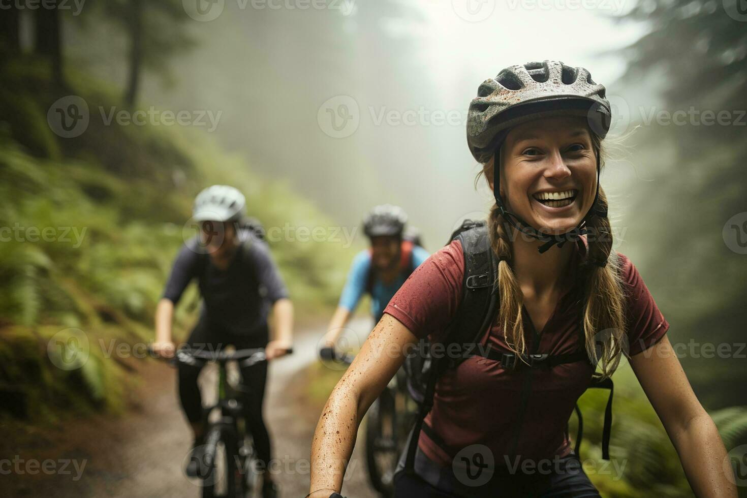 ai generato ritratto di contento donna andare in bicicletta nel il foresta generativo ai foto