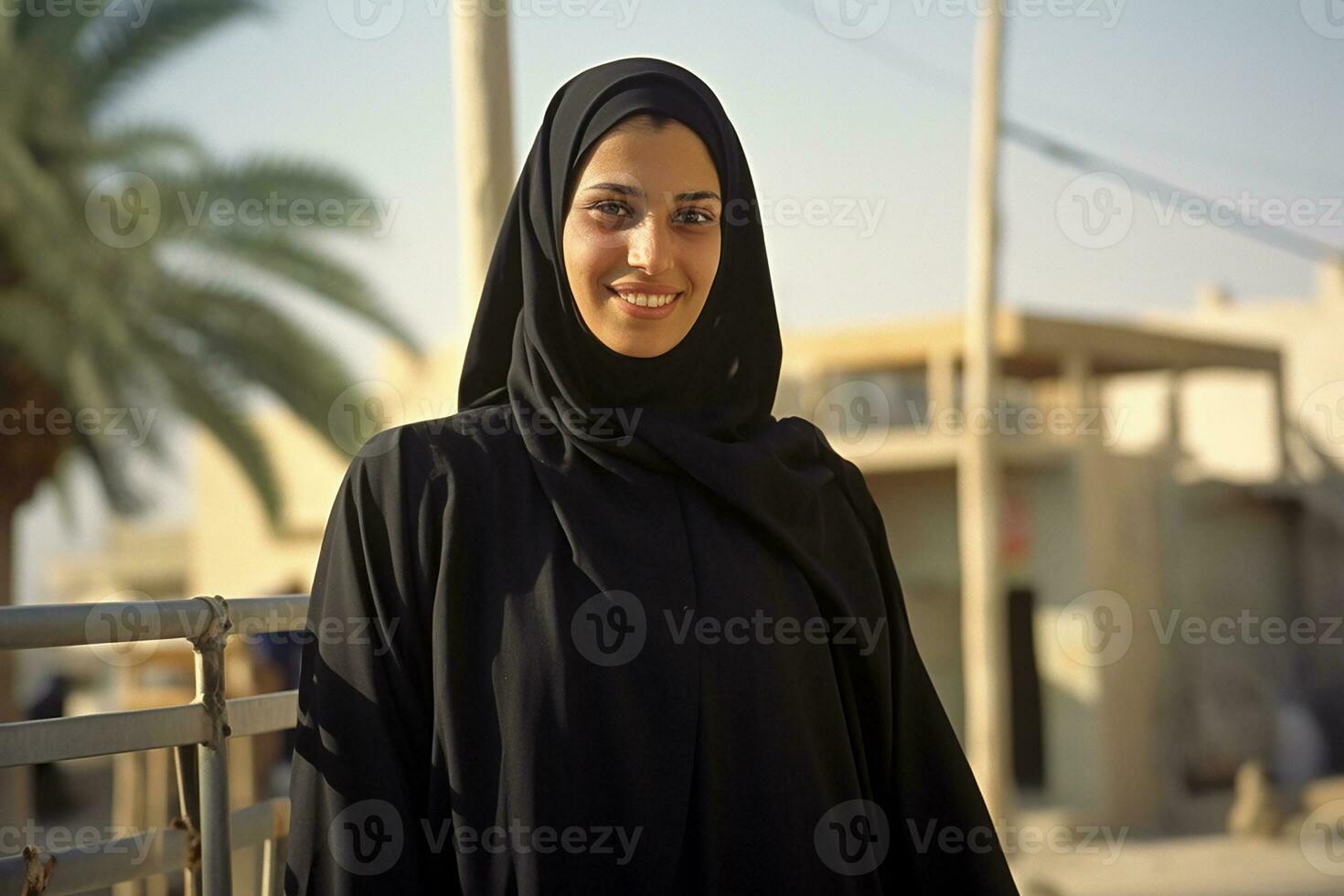 ai generato ritratto di un' bellissimo musulmano donna indossare hijab in posa all'aperto generativo ai foto
