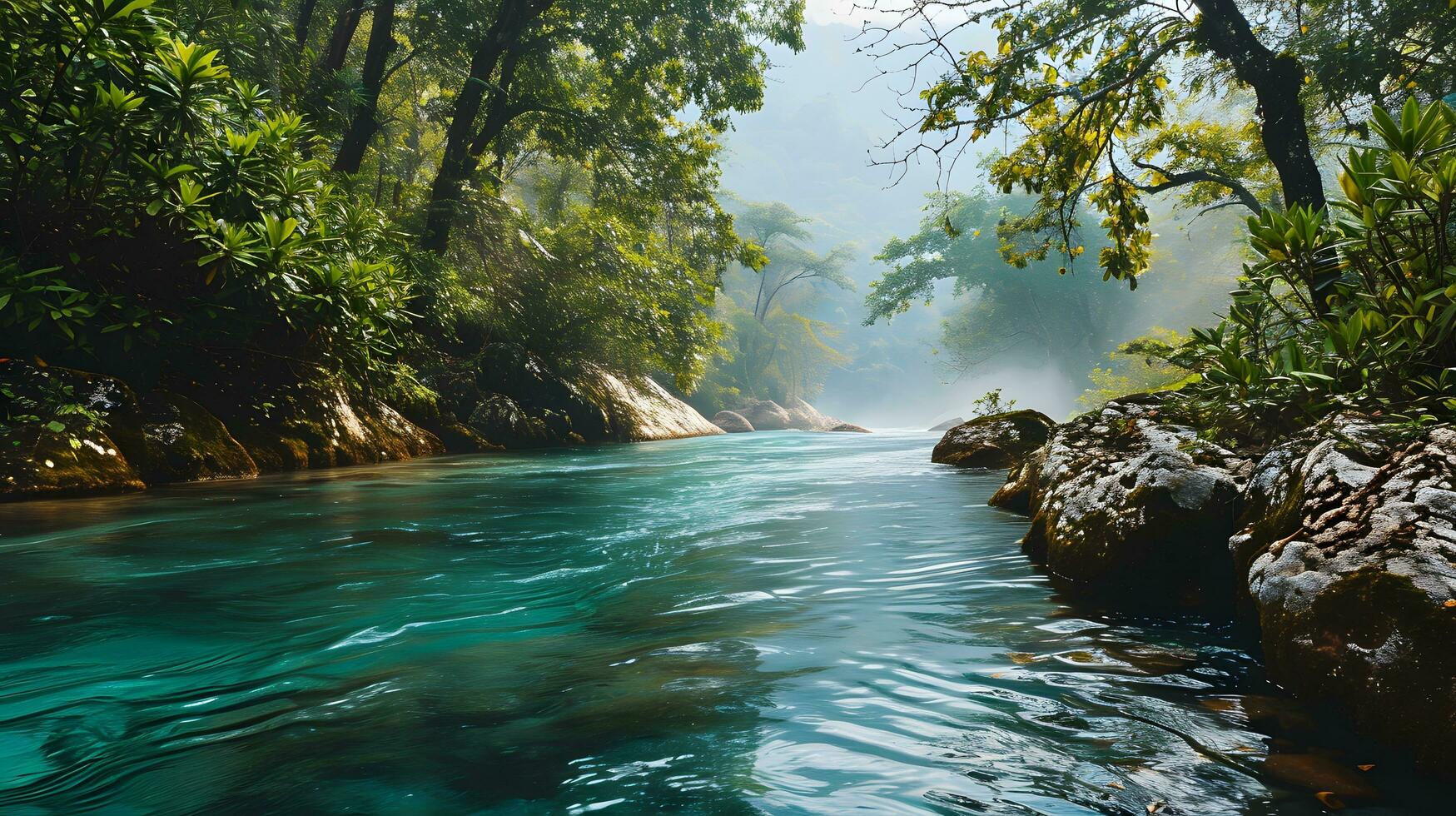 ai generato cristallo chiaro acque lungo un' appartato giungla fiume foto