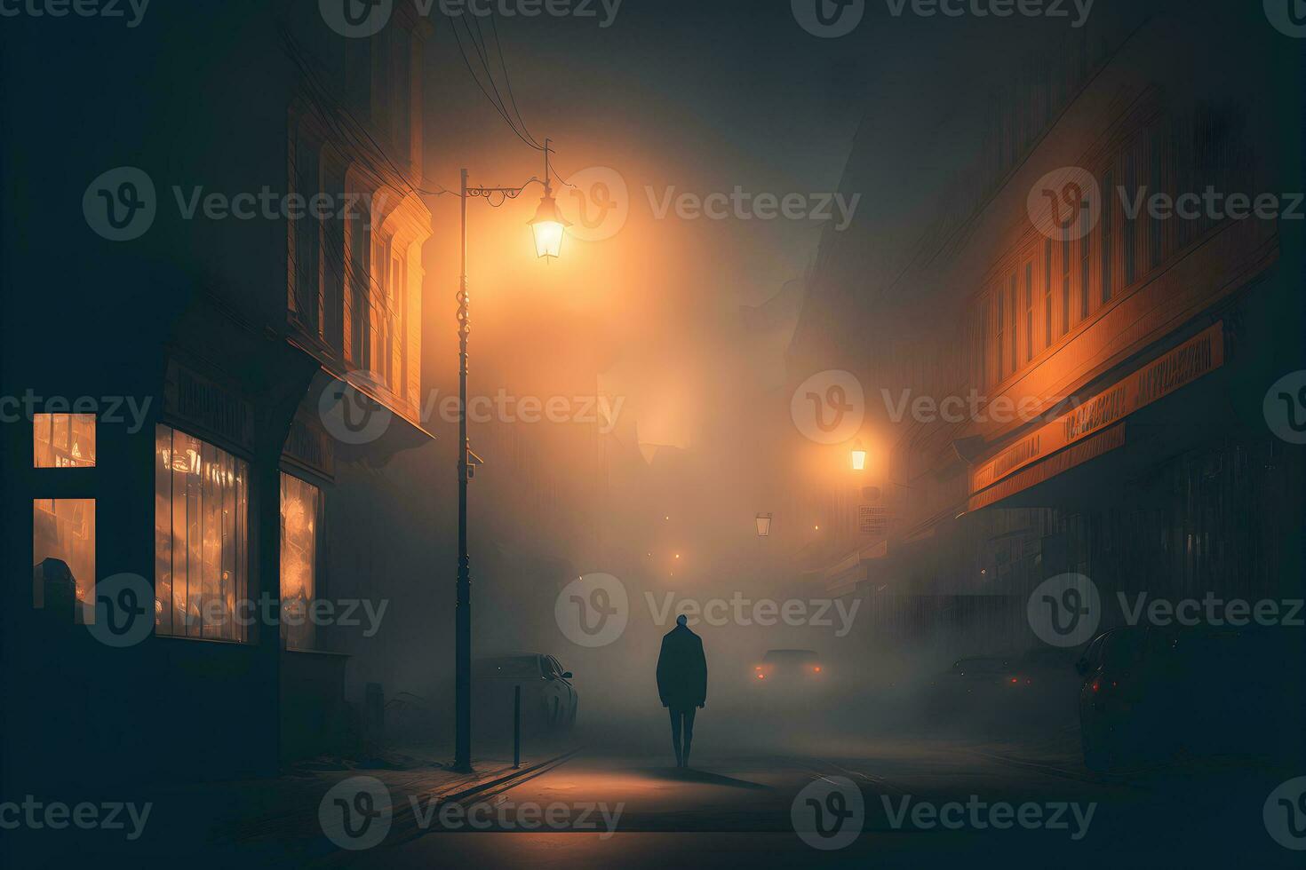 ai generato silhouette nel nebbioso vicolo a notte città strada, mistero e orrore nebbioso paesaggio urbano atmosfera. neurale Rete generato arte foto