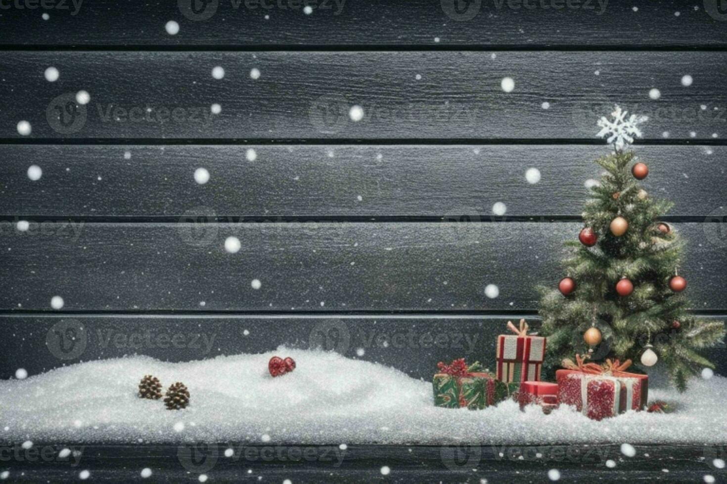 ai generato Natale di legno sfondo con neve. allegro Natale e nuovo anno bandiera con copia spazio. professionista foto