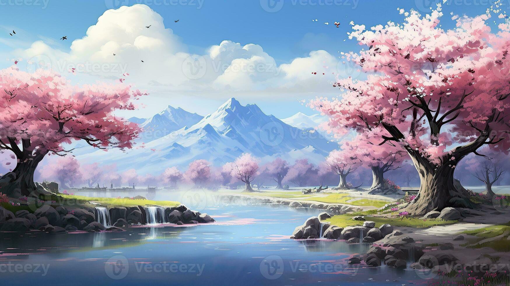 ai generato bellissimo fantasia primavera natura paesaggio e ciliegia fiorire albero animato sfondo nel giapponese anime acquerello generativo ai foto