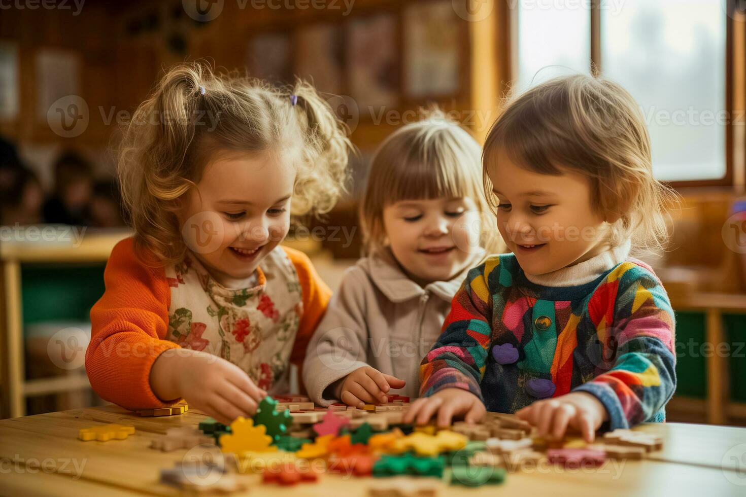 ai generato gioioso bambini giocando con puzzle in casa foto