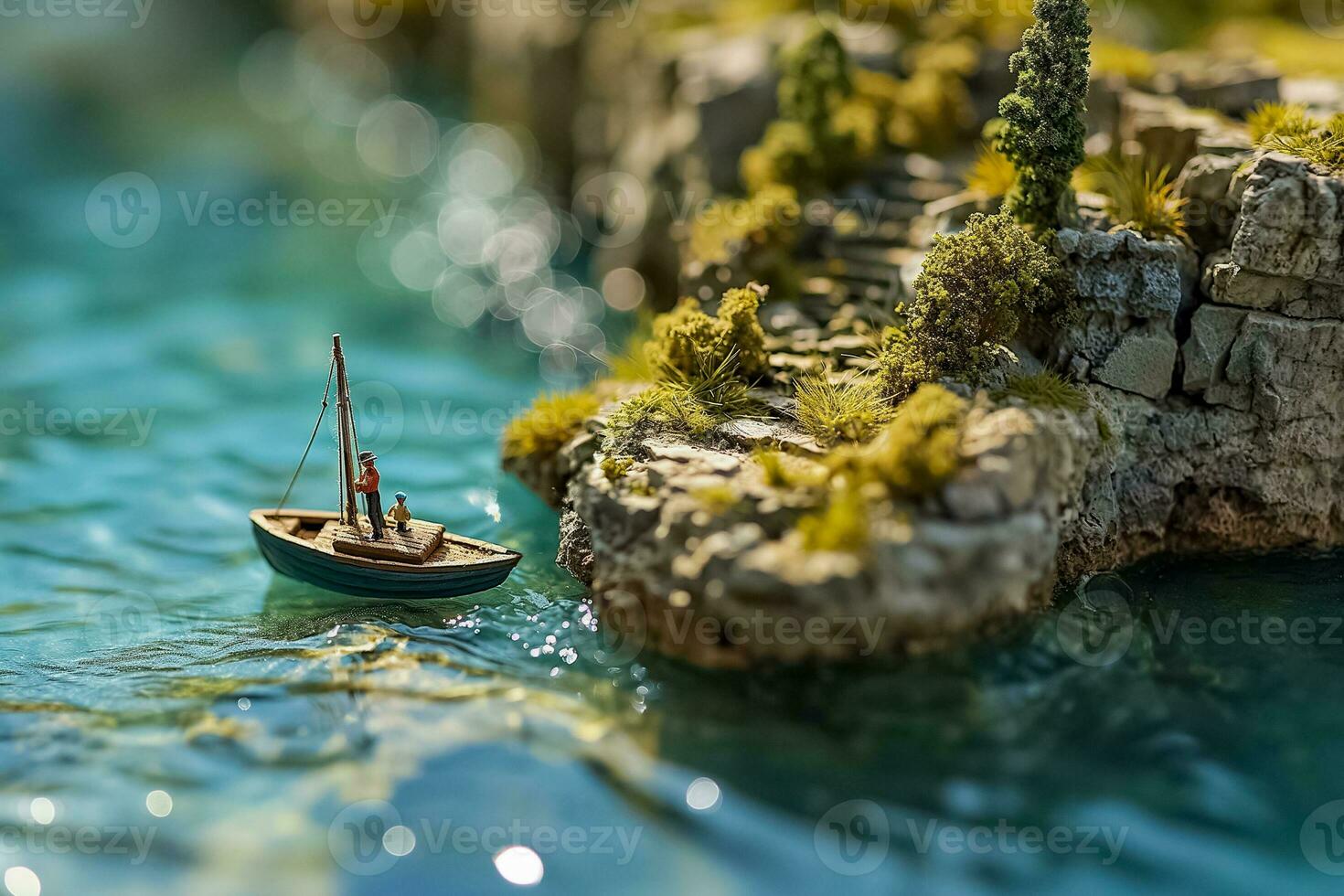 ai generato miniatura pesca barca di sereno rocce foto