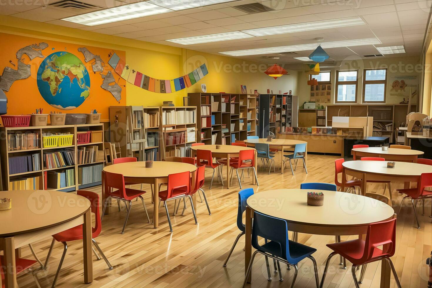 ai generato vivace scuola biblioteca con globale murale foto