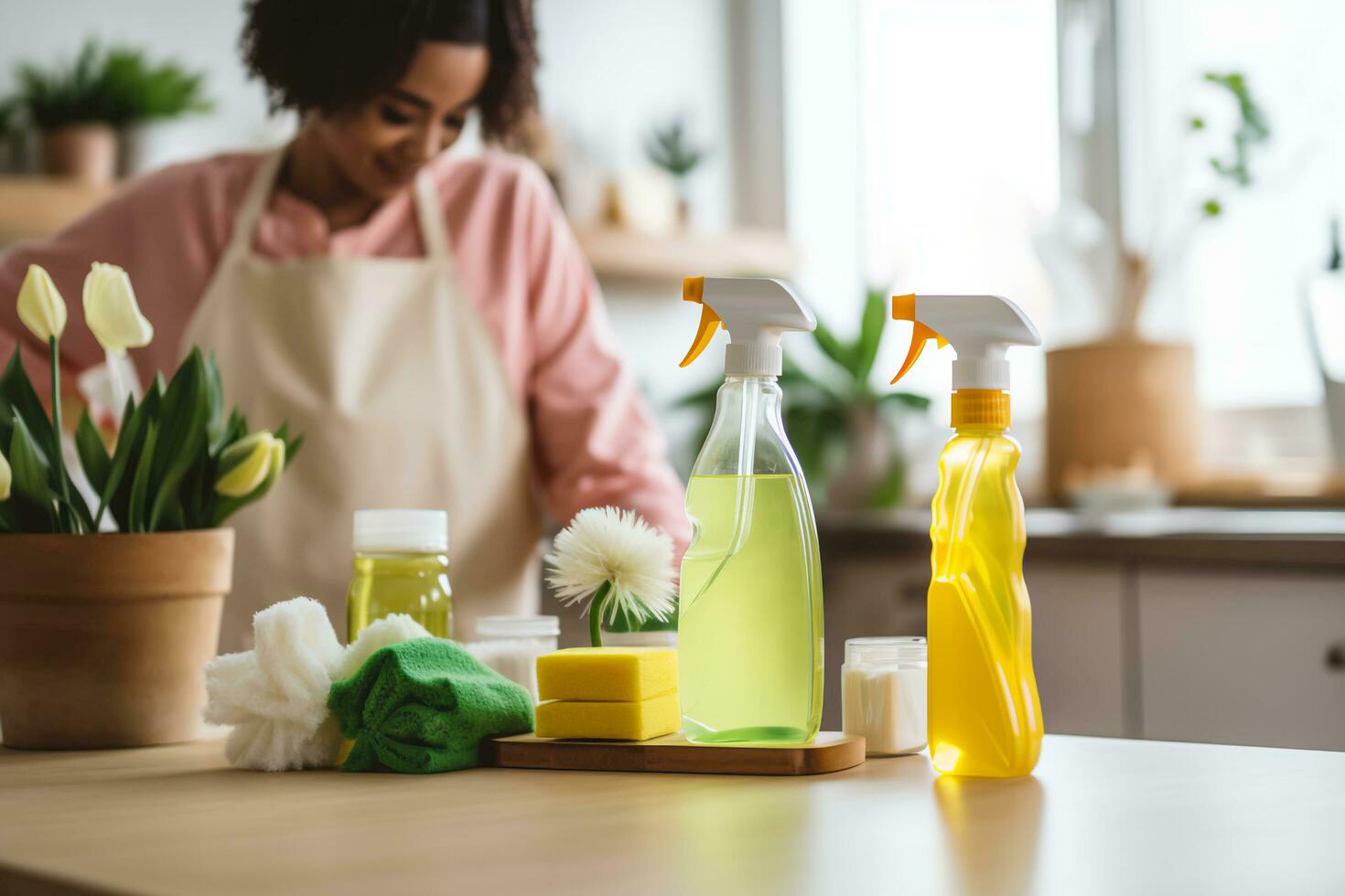 ai generato fresco inizi di moda primavera pulizia nel giallo e verde foto