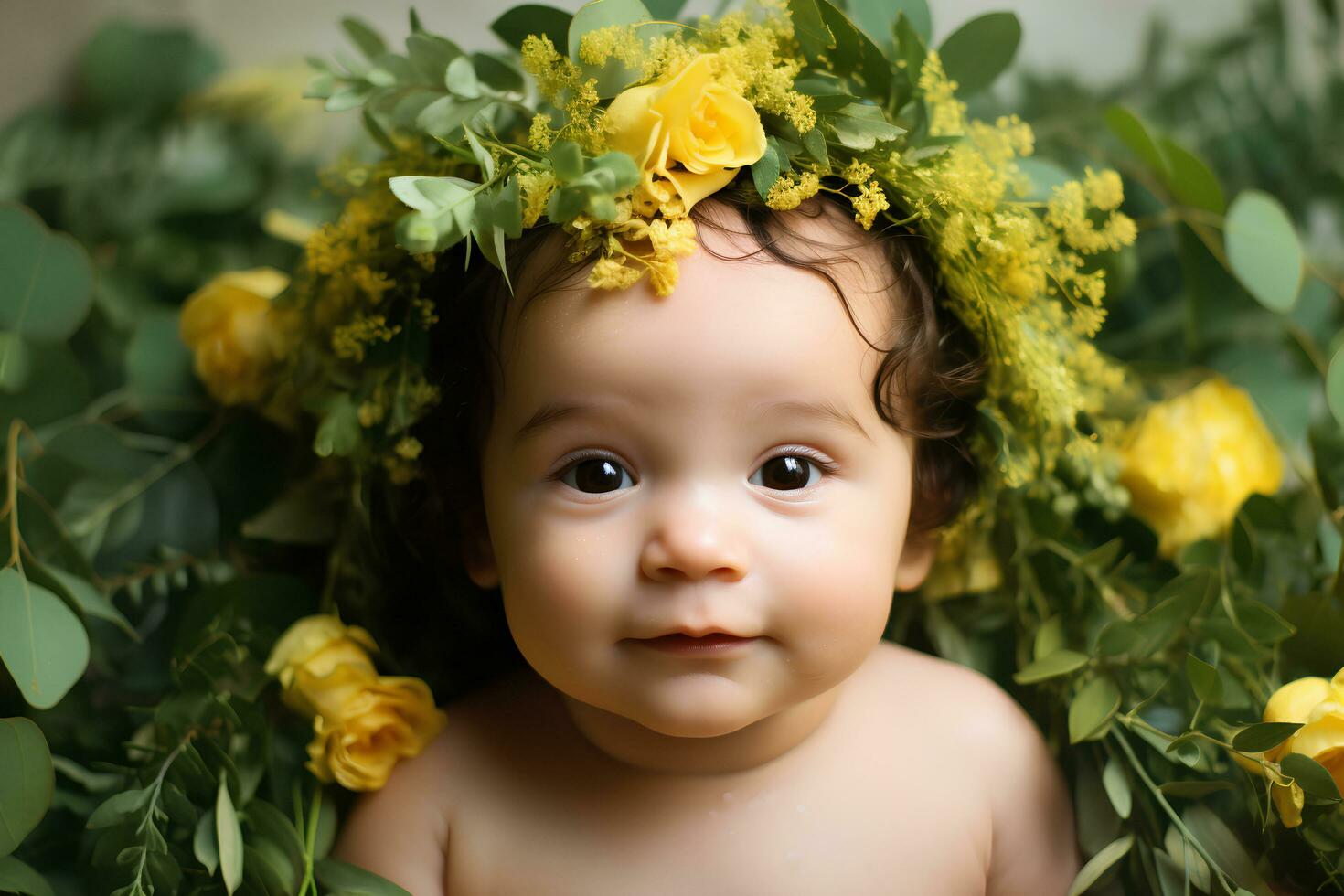 ai generato petalo Principessa dolce bambino ornato nel un' fiore alone foto