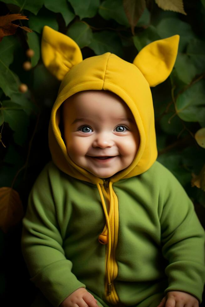 ai generato bosco Meraviglia adorabile bambino nel natura a tema tutina foto