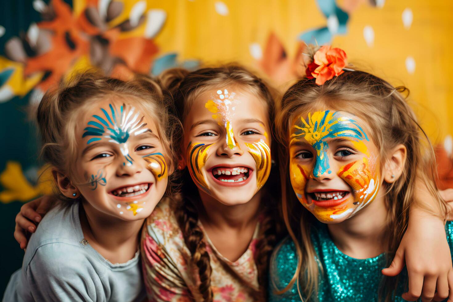 ai generato viso pittura fiesta bambini radiante gioia a compleanno celebrazione foto