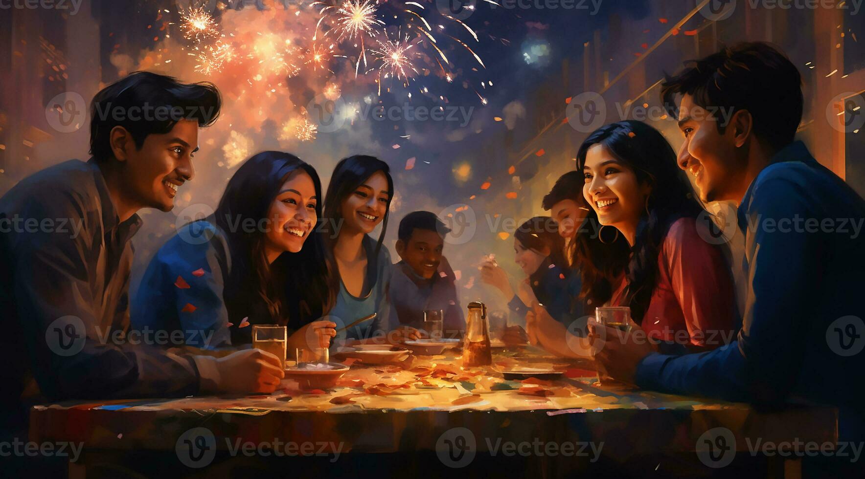 ai generato amici raccolta insieme per celebrare il nuovo anno con fuochi d'artificio. illustrazioni foto