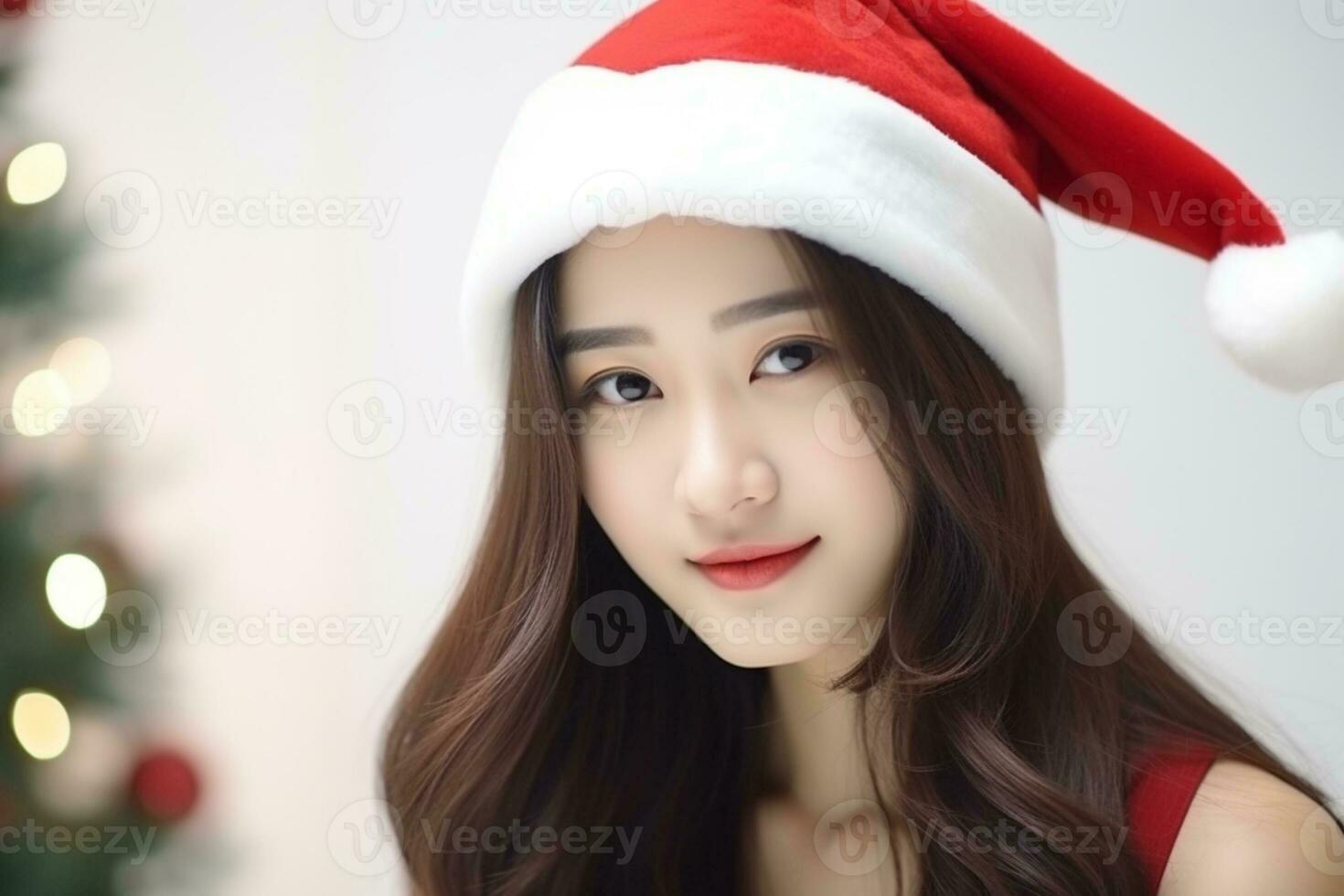 ai generato ritratto giovane bella asiatico donna nel rosso Santa Claus costume Sorridi foto