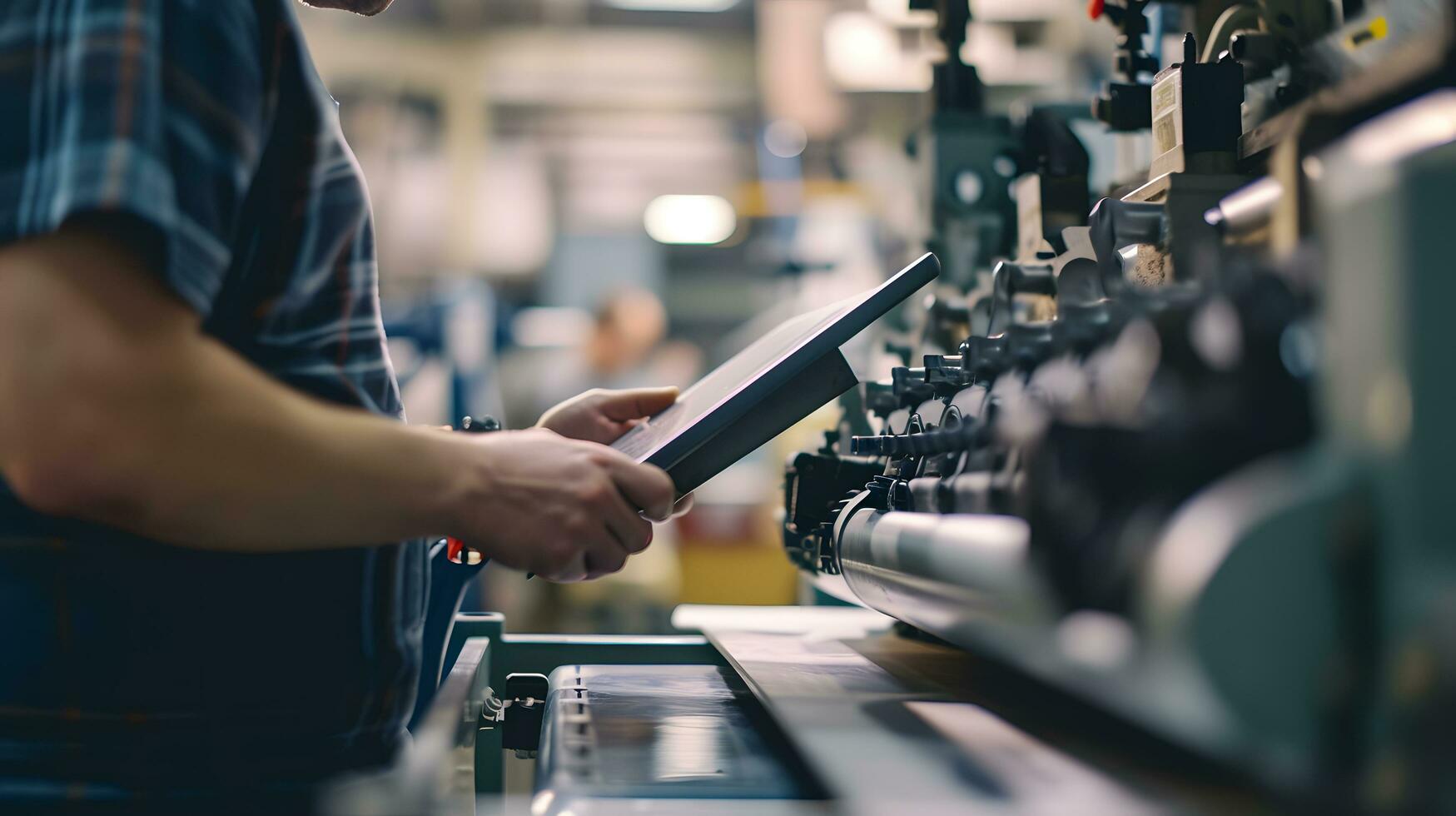 ai generato avvicinamento di un' fabbrica lavoratore utilizzando un' digitale tavoletta nel il suo mano foto