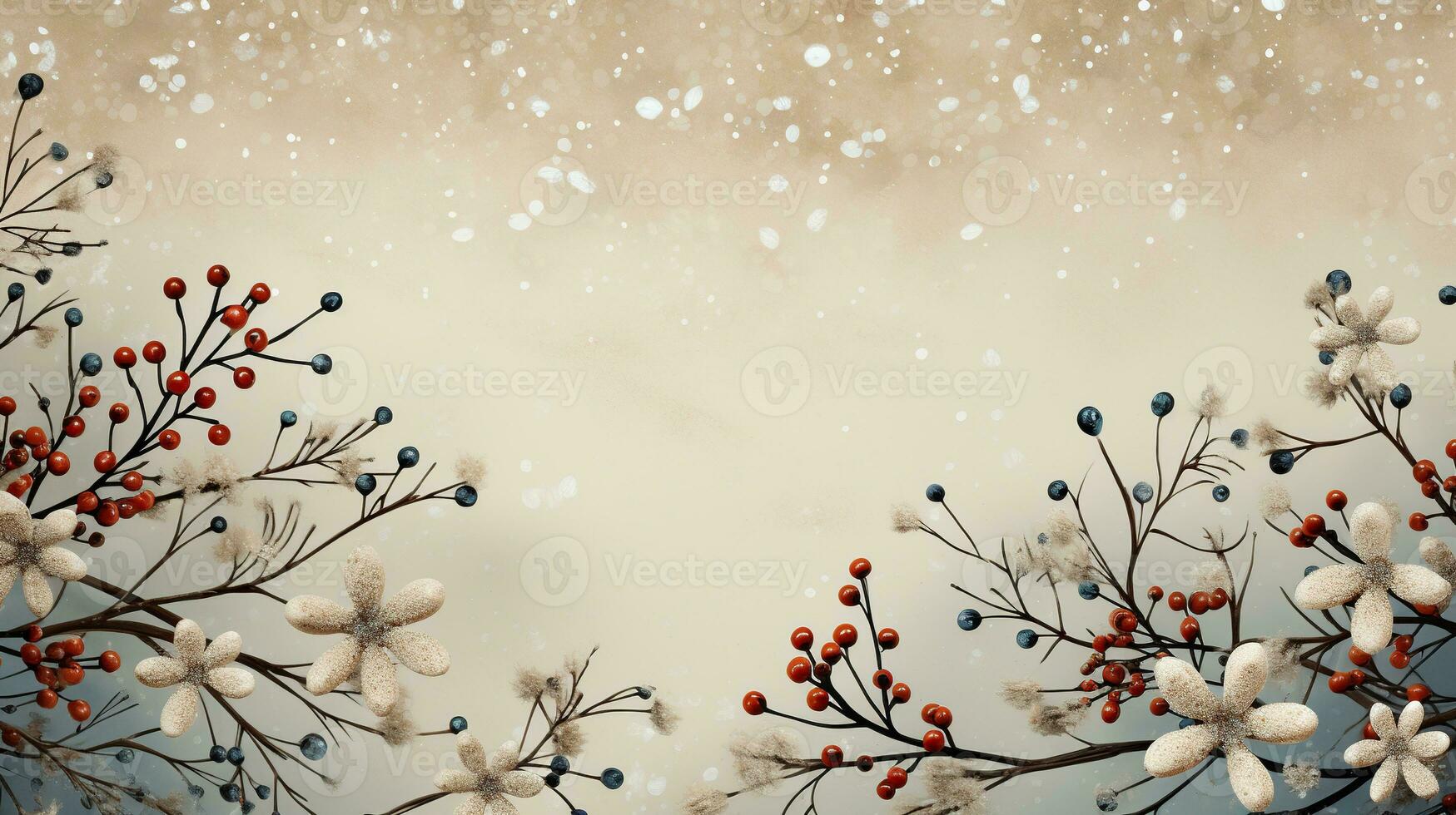 ai generato minimalista inverno sfondo nel beige occhiali da sole con magro rami e fiori foto