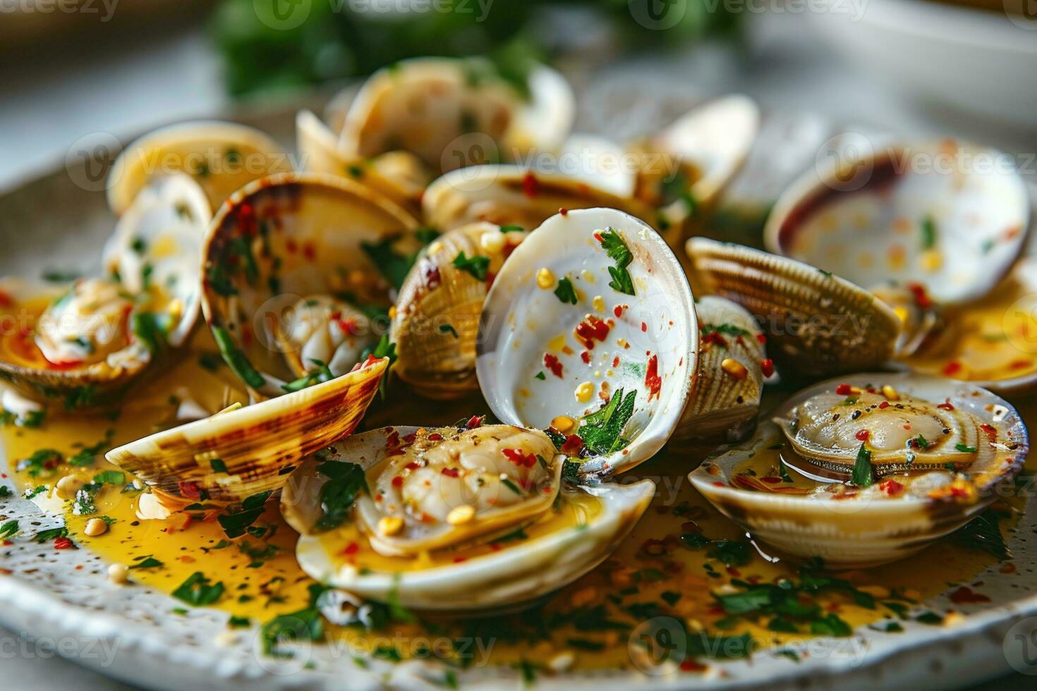 ai generato al vapore bambino vongole nel il cucina tavolo professionale pubblicità cibo fotografia foto