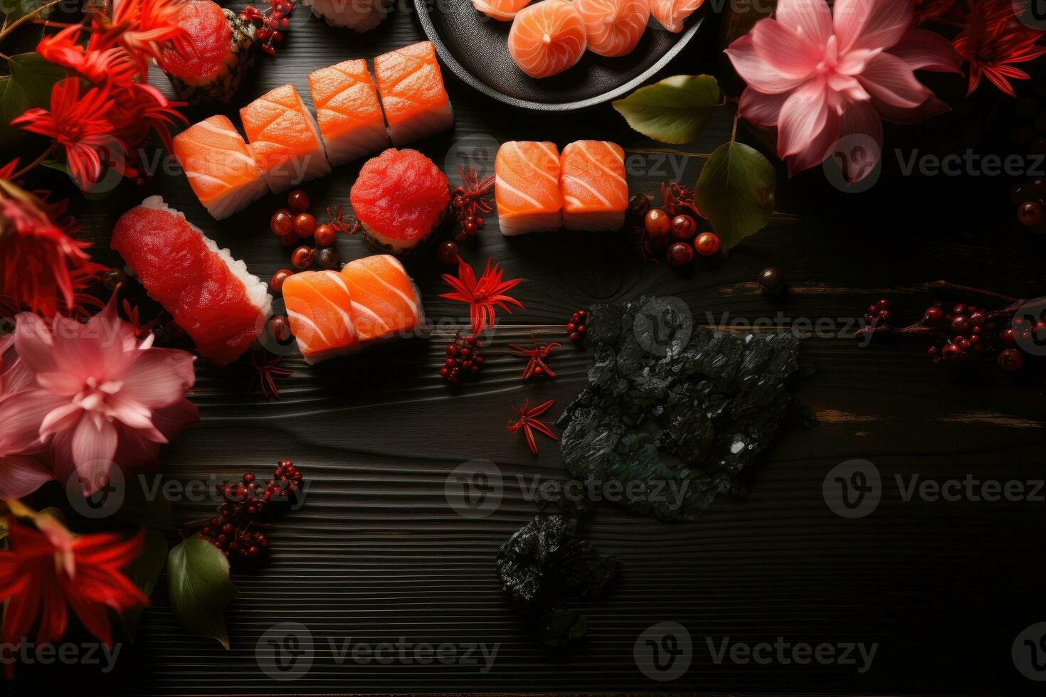 ai generato Sushi giapponese cibo isolato nel cucina tavolo professionale pubblicità cibo fotografia foto