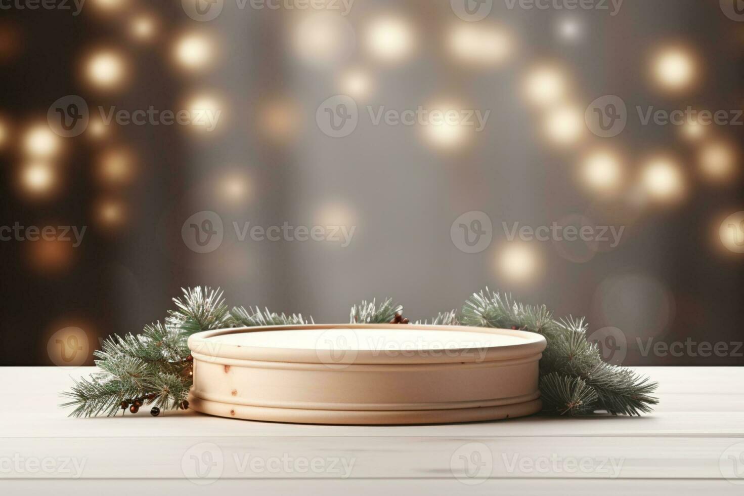 ai generato Natale tema di legno podio piedistallo o piattaforma sfondo con bokeh leggero e pino albero foto