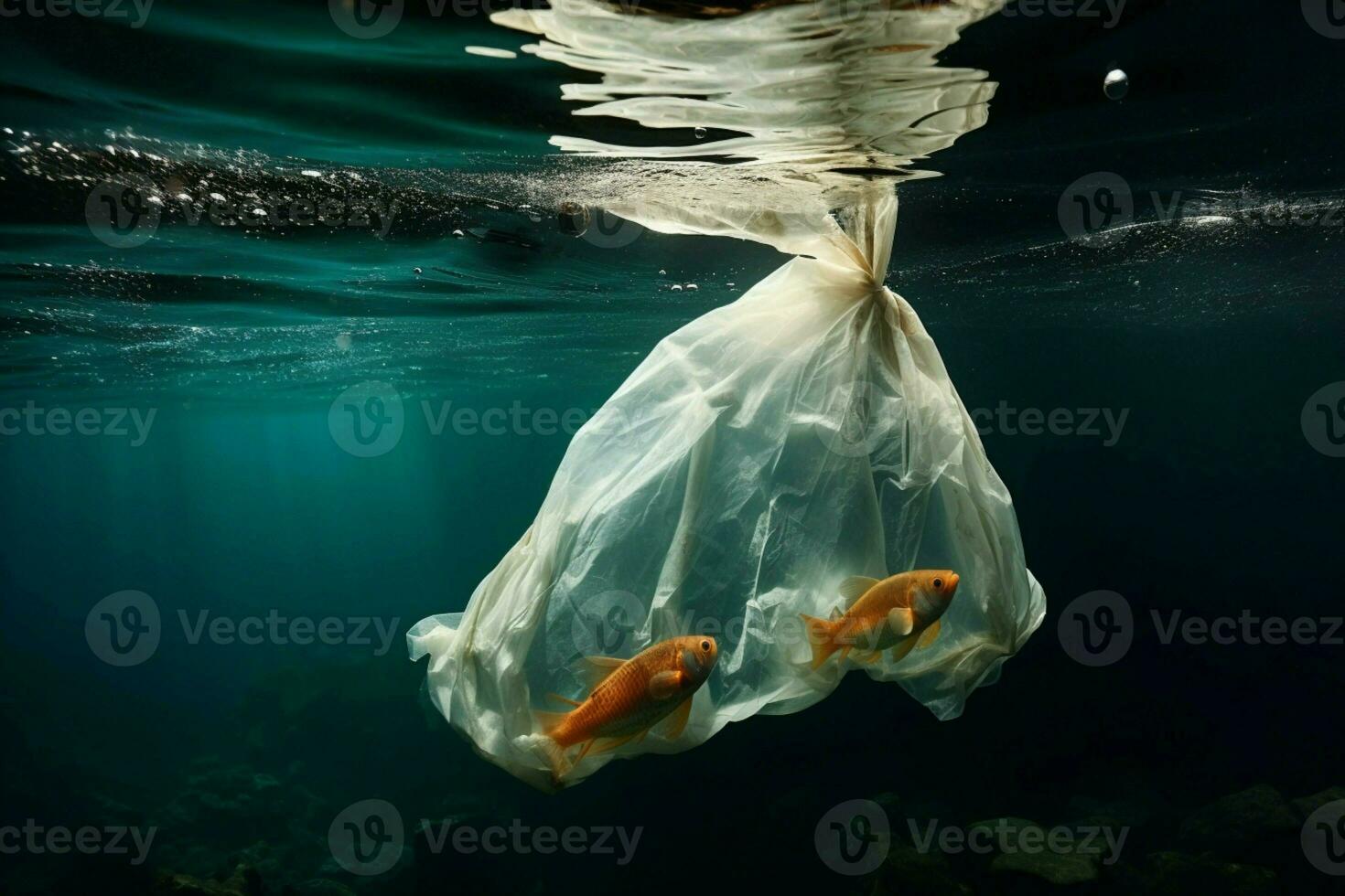 ai generato subacqueo minaccia plastica Borsa pose danno per il mare ambiente foto