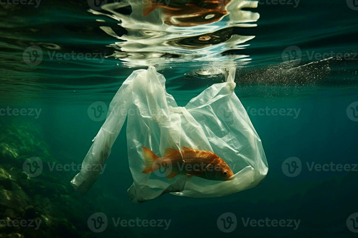 ai generato subacqueo minaccia plastica Borsa pose danno per il mare ambiente foto